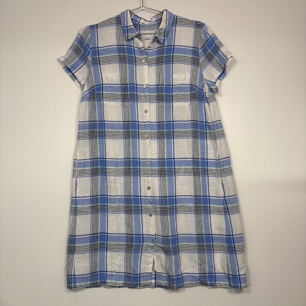 J. Jill‎ Womens Shirt Dress Sz M Blue White Plaid Love Linen Short Sleeve Pocket